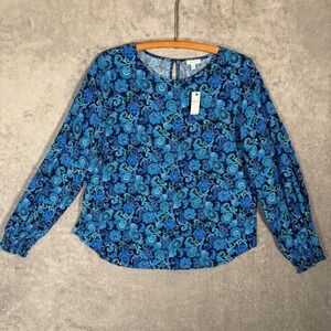New Talbots Womens Large Blue Paisley Floral Long Sleeve Smocked Cuff Blouse NWT